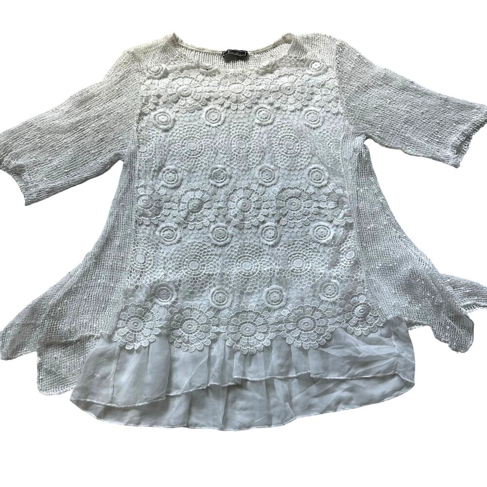 Froccella White, Flower Crocheted/Lace, Quarter Sleeve, Boho/Peasant Top- L